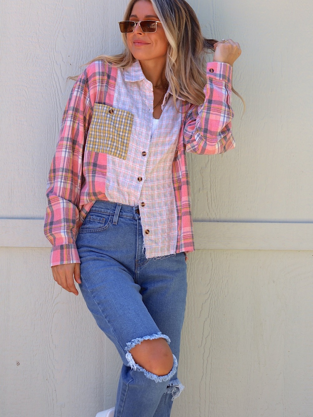 Mixed-Plaid Pink Button-Down Shirt Jacket